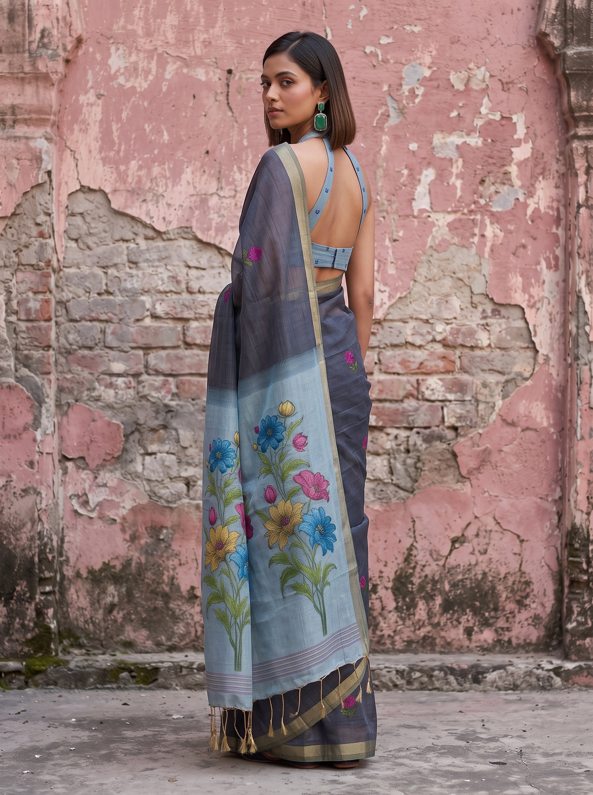MIMOSA Navy Bhagalpuri Cotton linen Saree — pose 7 styling detail