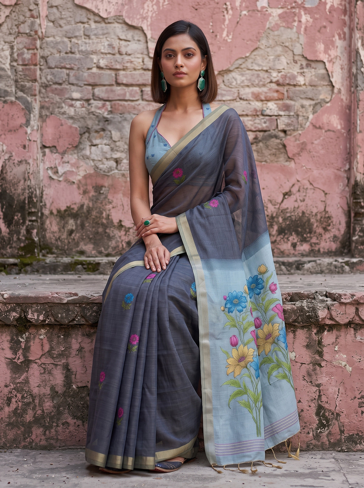 MIMOSA Navy Bhagalpuri Cotton linen Saree — pose 8 styling detail