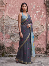 MIMOSA Navy Bhagalpuri Cotton linen Saree — pose 9 styling detail