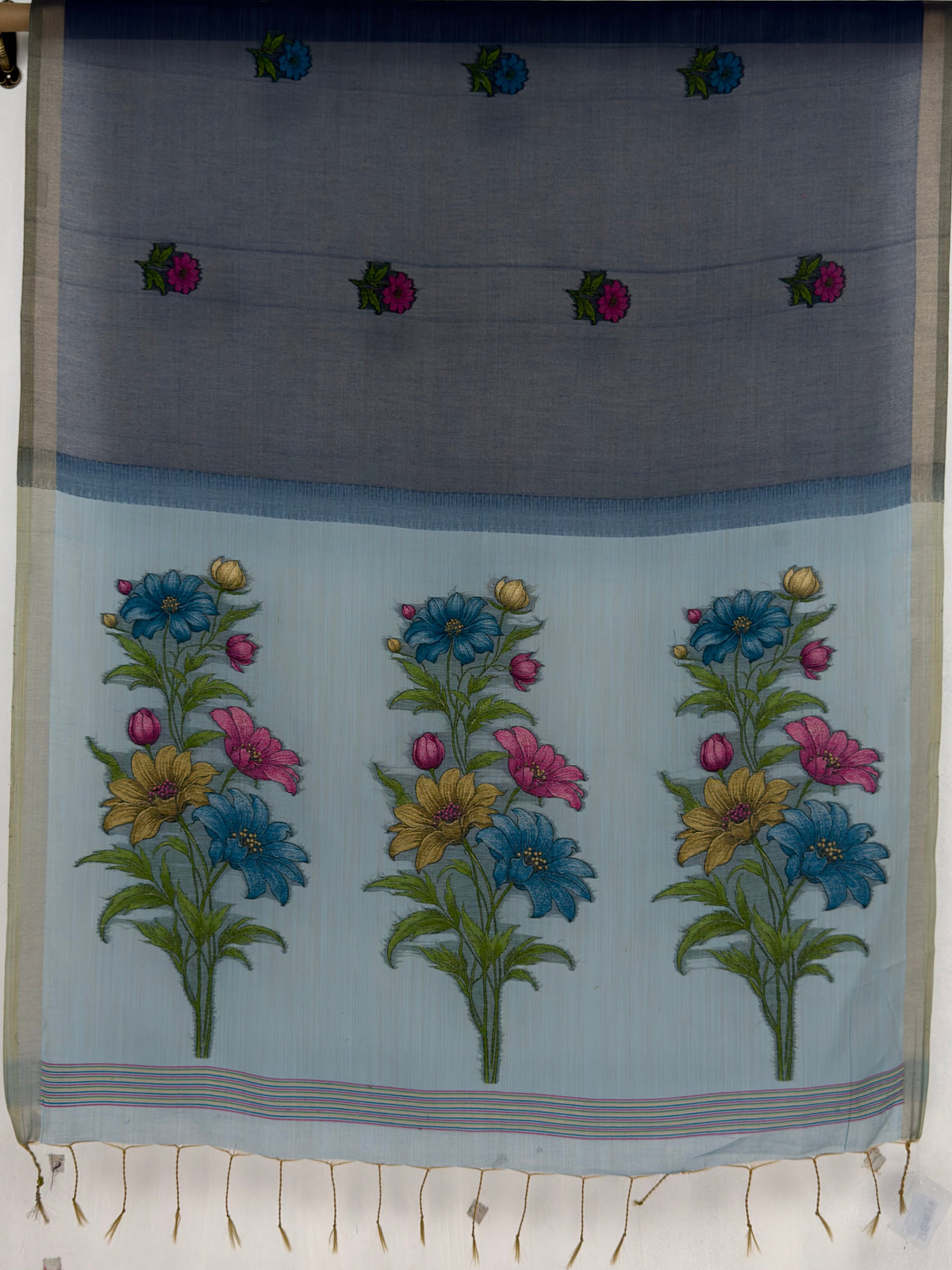 MIMOSA Navy Bhagalpuri Cotton linen Saree — pallu and zari work detail
