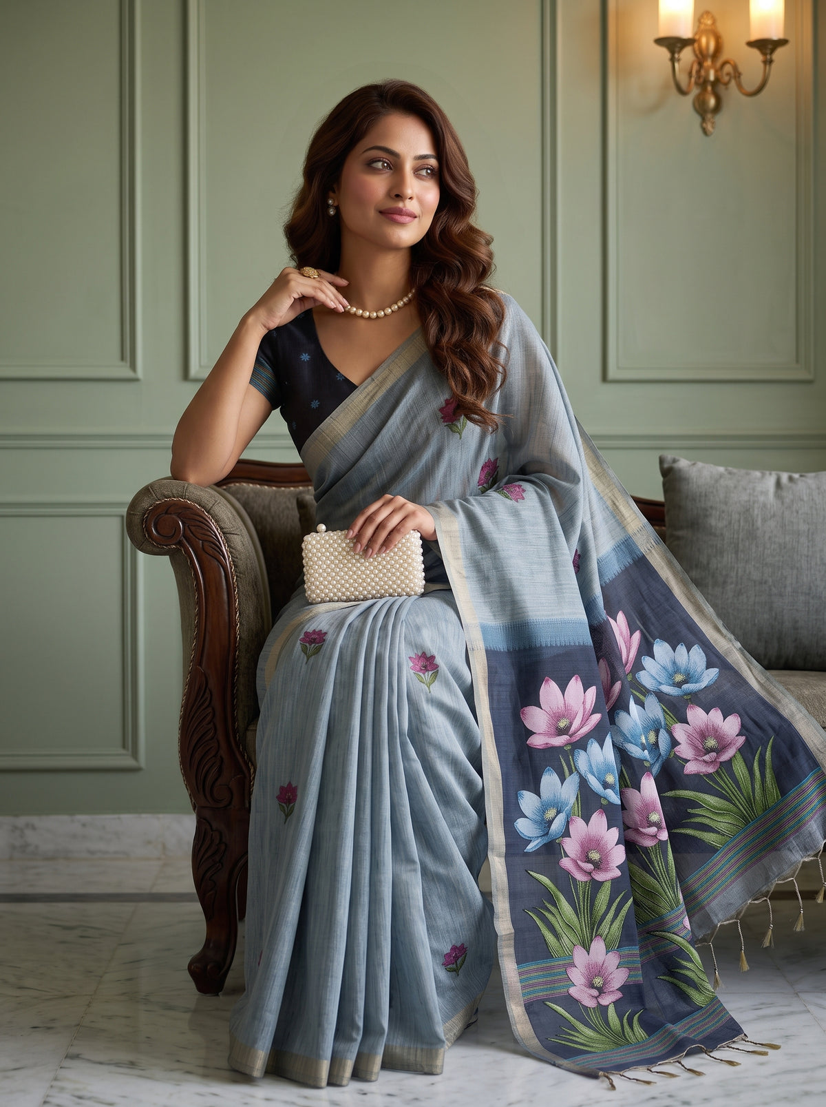 MIMOSA Ananda Bhagalpuri Cotton linen Saree — pose 10 styling detail