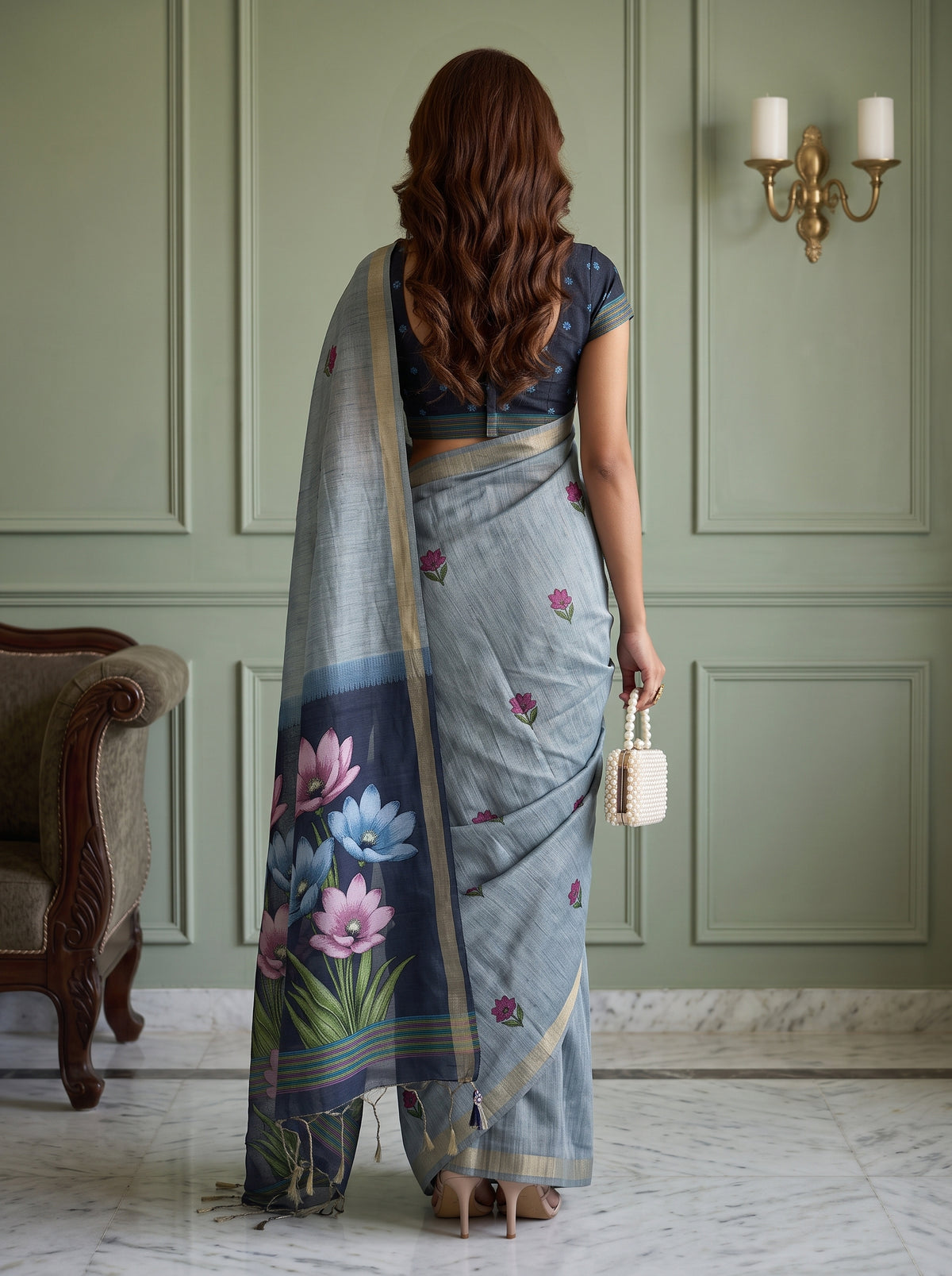 MIMOSA Ananda Bhagalpuri Cotton linen Saree — pose 2 styling detail