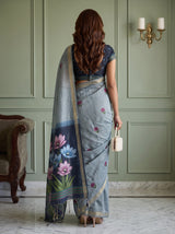 MIMOSA Ananda Bhagalpuri Cotton linen Saree — pose 2 styling detail