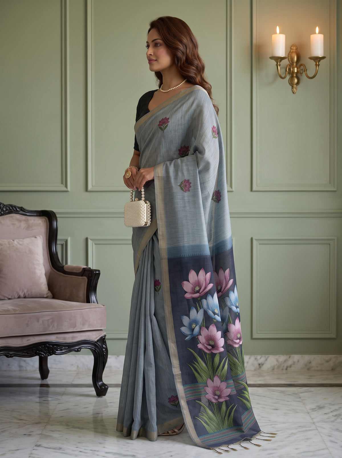 MIMOSA Ananda Bhagalpuri Cotton linen Saree — pose 3 styling detail