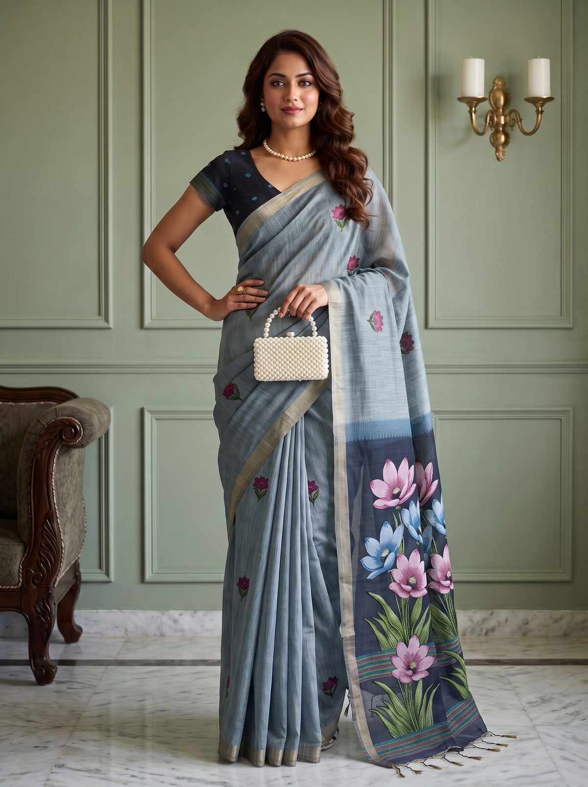MIMOSA Ananda Bhagalpuri Cotton linen Saree — pose 4 styling detail