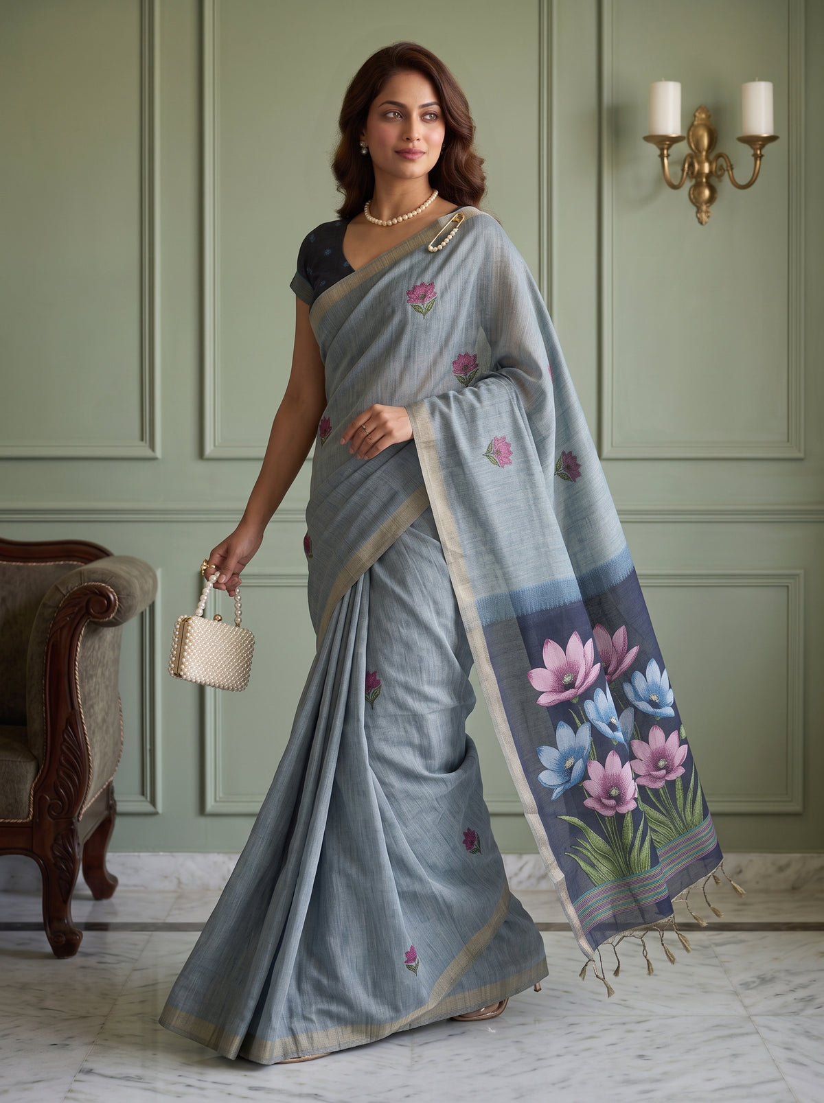 MIMOSA Ananda Bhagalpuri Cotton linen Saree — pose 6 styling detail