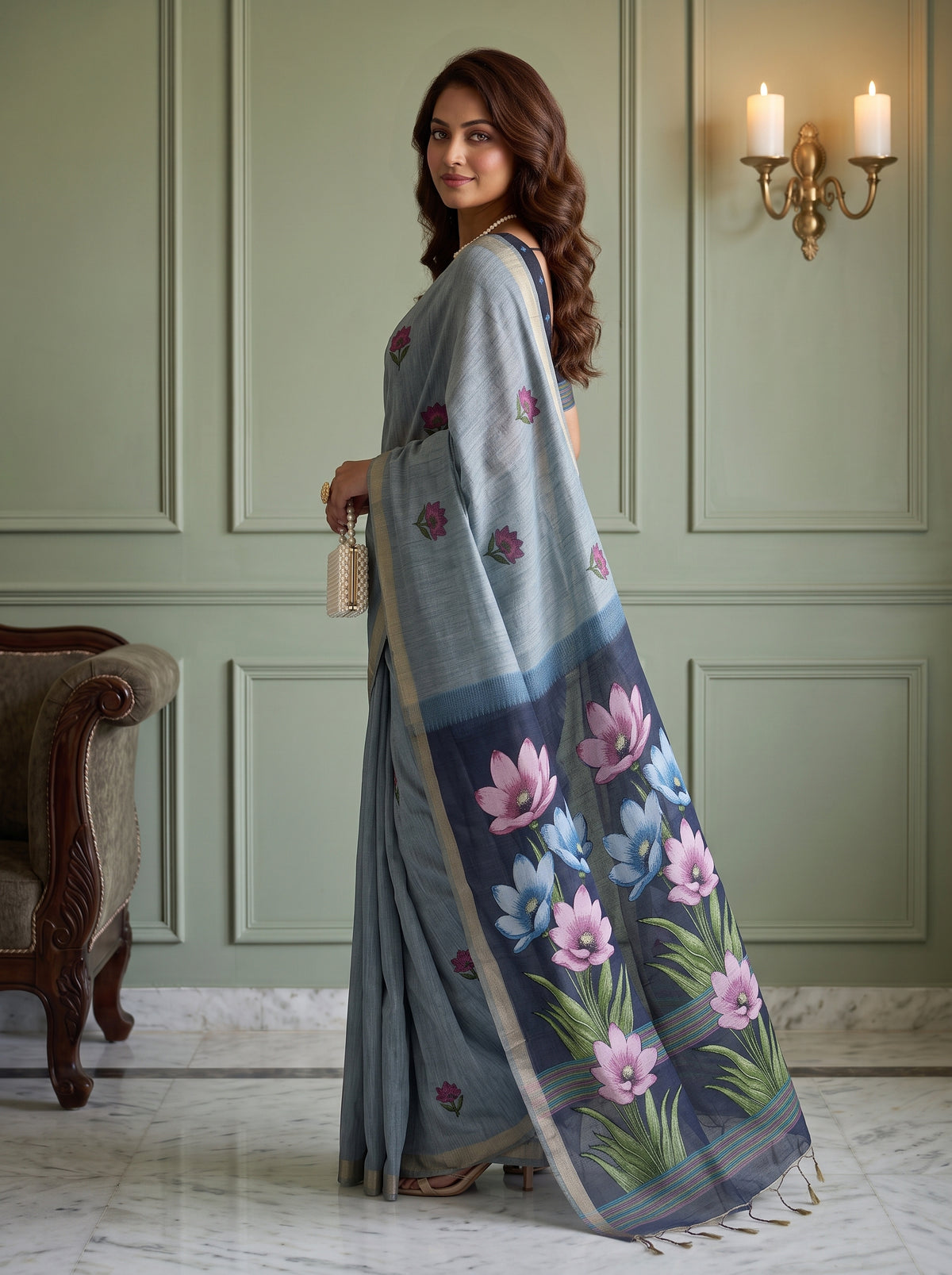 MIMOSA Ananda Bhagalpuri Cotton linen Saree — pose 7 styling detail