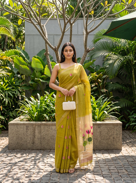 MIMOSA Mustard Bhagalpuri Cotton Saree — front view on mannequin