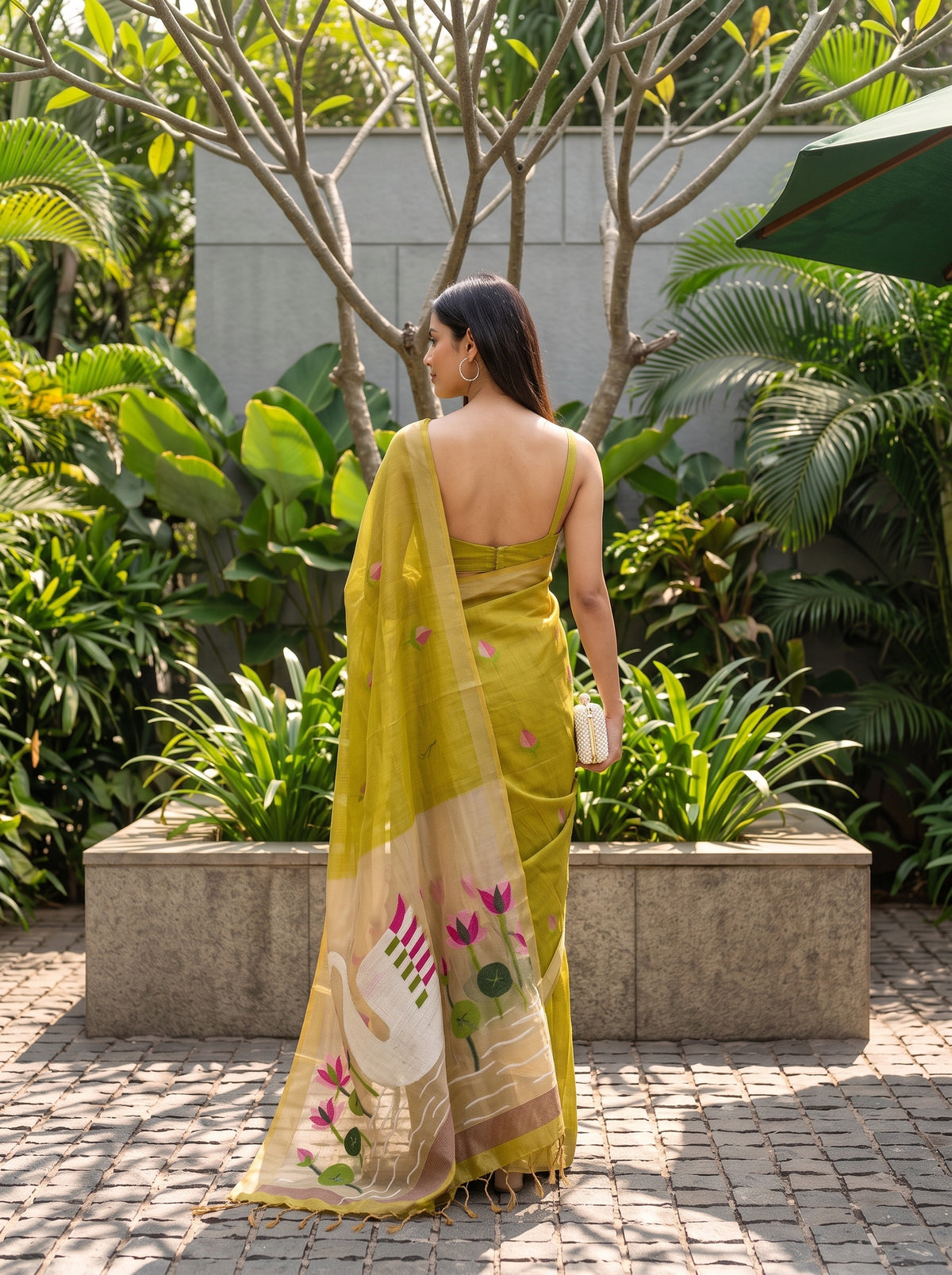MIMOSA Mustard Bhagalpuri Cotton Saree — pose 2 styling detail