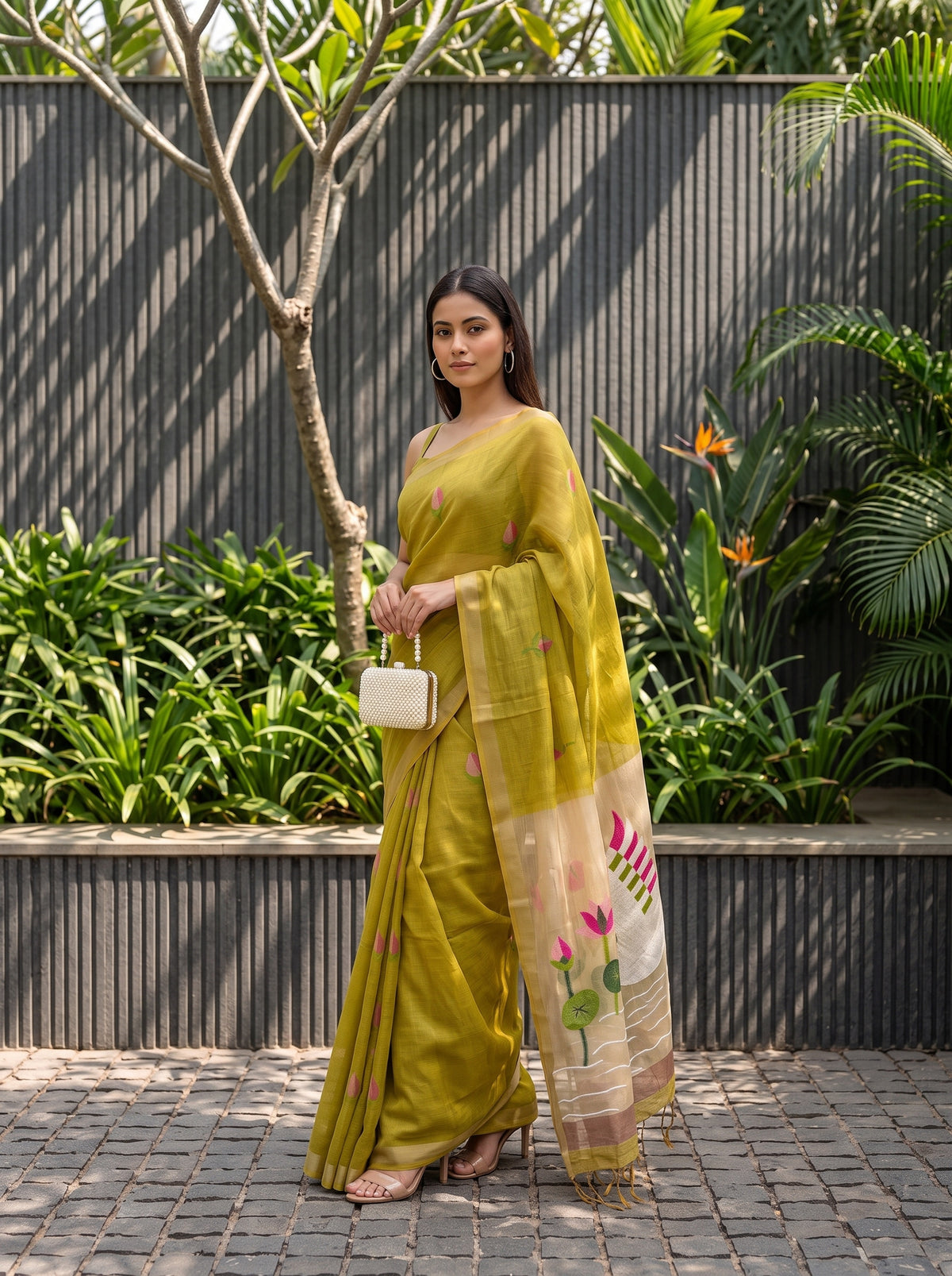 MIMOSA Mustard Bhagalpuri Cotton Saree — pose 5 styling detail