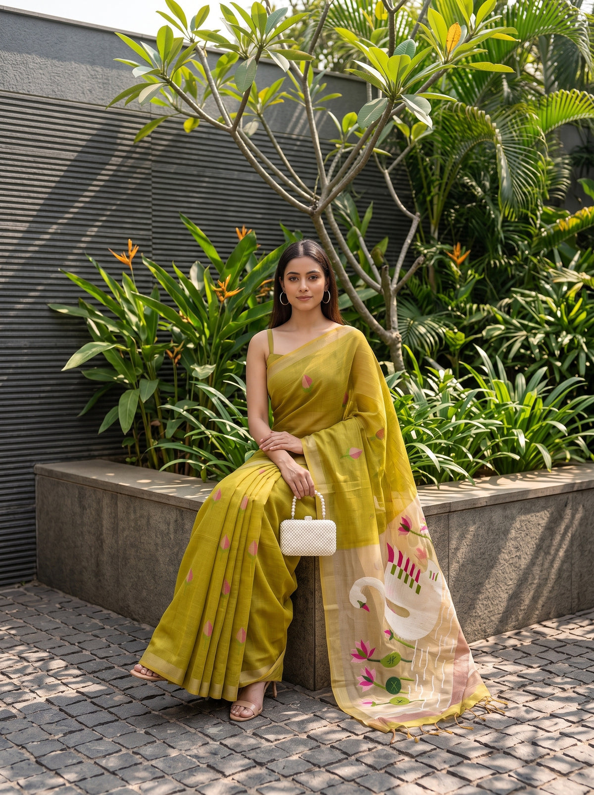 MIMOSA Mustard Bhagalpuri Cotton Saree — pose 8 styling detail