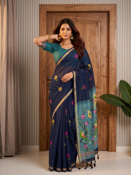 MIMOSA Navy Bhagalpuri Cotton Saree — front view on mannequin