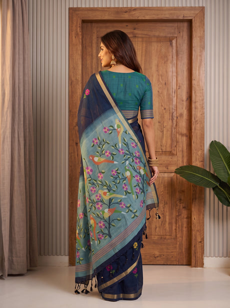 MIMOSA Navy Bhagalpuri Cotton Saree — pose 2 styling detail