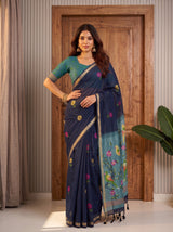 MIMOSA Navy Bhagalpuri Cotton Saree — pose 4 styling detail