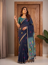 MIMOSA Navy Bhagalpuri Cotton Saree — pose 5 styling detail