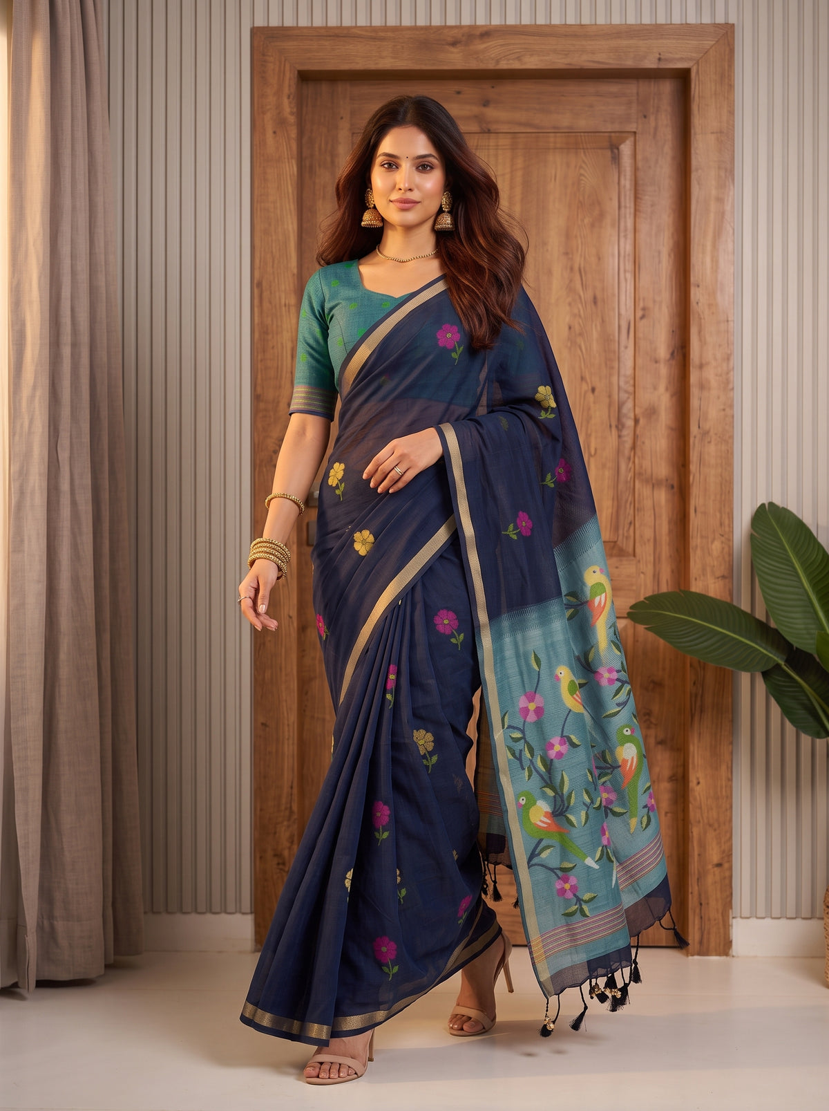MIMOSA Navy Bhagalpuri Cotton Saree — pose 6 styling detail