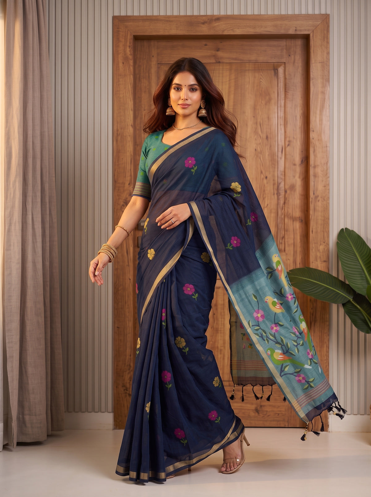 MIMOSA Navy Bhagalpuri Cotton Saree — pose 9 styling detail