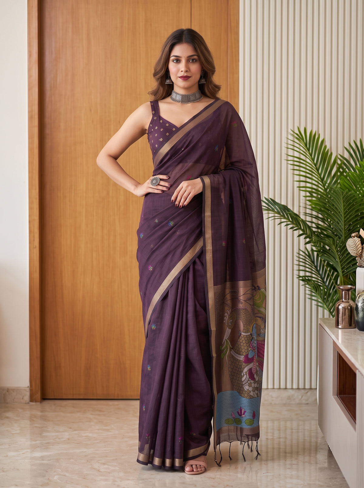MIMOSA Jamun Bhagalpuri Cotton linen Saree — pose 4 styling detail