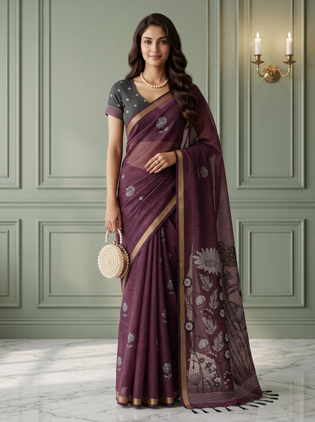 MIMOSA Wine Bhagalpuri Cotton Saree — front view on mannequin
