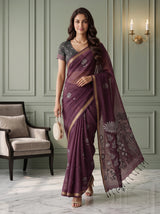 MIMOSA Wine Bhagalpuri Cotton Saree — pose 6 styling detail