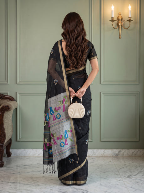 MIMOSA Black Bhagalpuri Cotton Saree — pose 2 styling detail