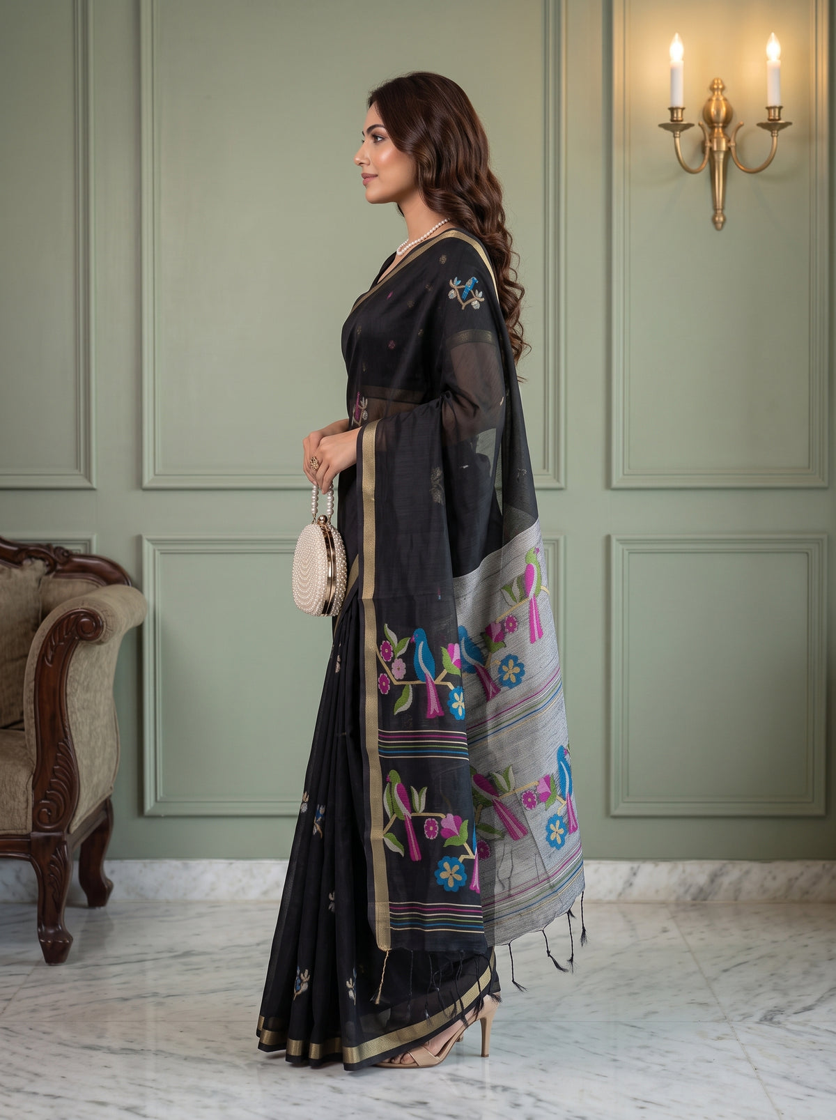 MIMOSA Black Bhagalpuri Cotton Saree — pose 3 styling detail