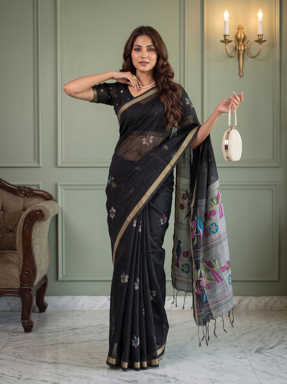 MIMOSA Black Bhagalpuri Cotton Saree — pose 5 styling detail