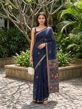 MIMOSA Navy Bhagalpuri Cotton linen Saree — AI Model lifestyle