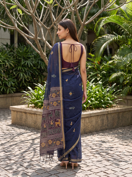 MIMOSA Navy Bhagalpuri Cotton linen Saree — Saree shot pallu and body