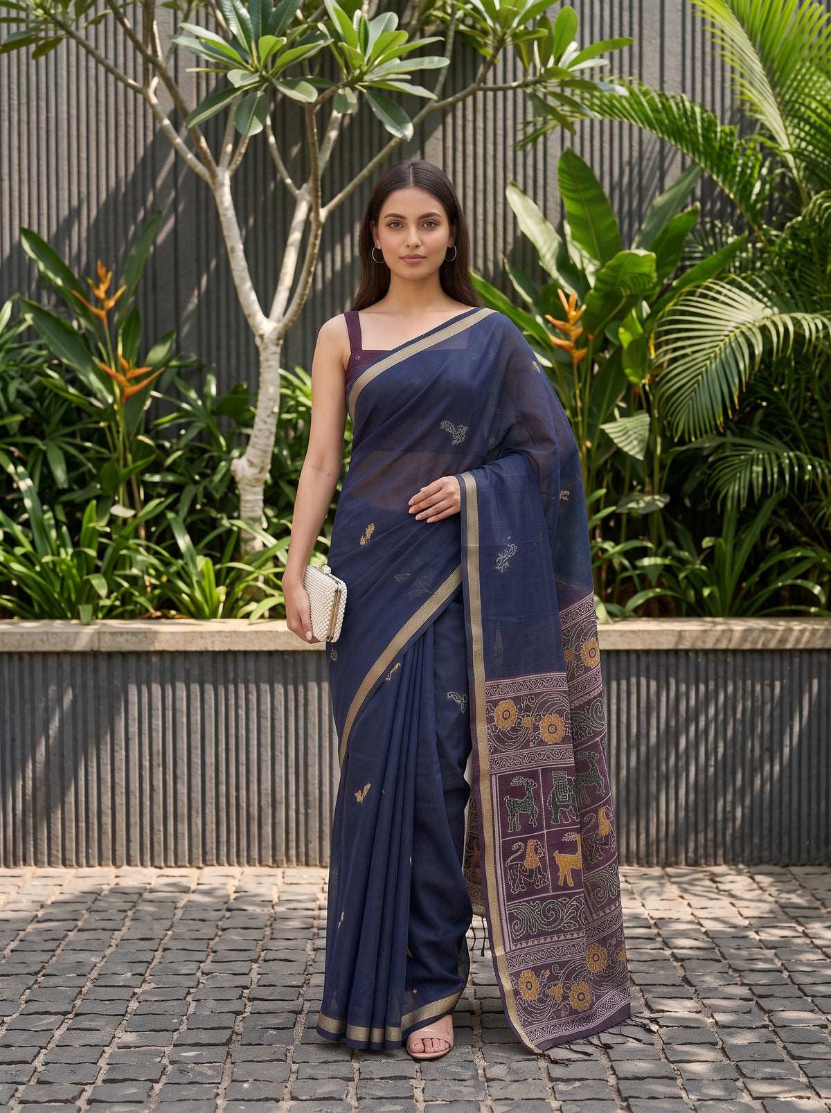 MIMOSA Navy Bhagalpuri Cotton Saree — pose 4 styling detail