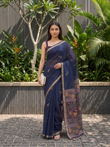 MIMOSA Navy Bhagalpuri Cotton Saree — pose 4 styling detail