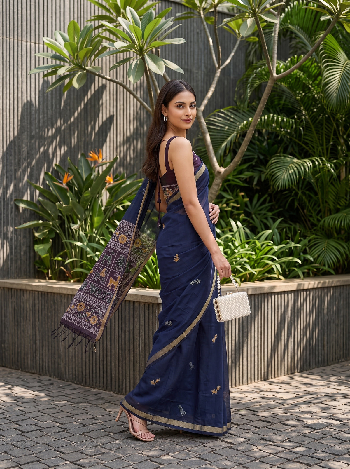 MIMOSA Navy Bhagalpuri Cotton Saree — pose 9 styling detail
