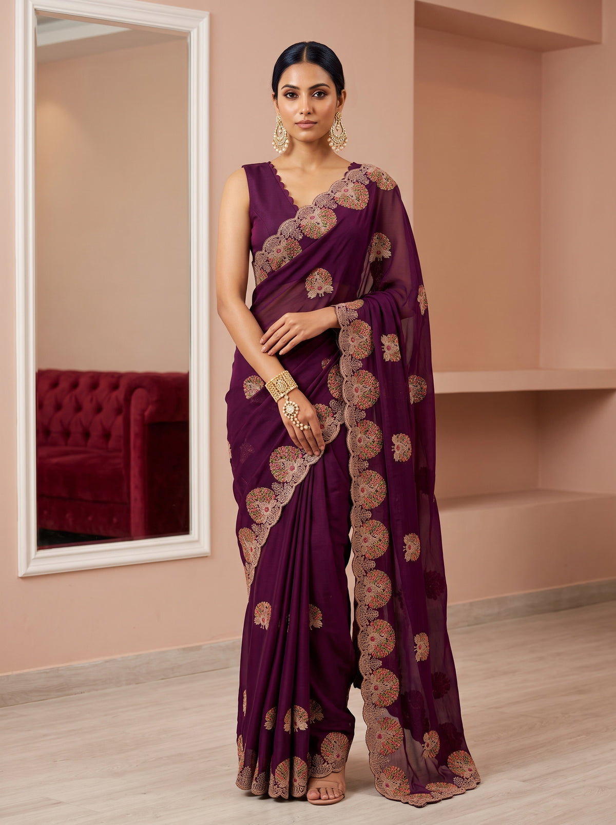 MIMOSA Magenta Banarasi Chiffon Saree — AI model lifestyle pose