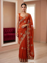 MIMOSA Orange Banarasi Chiffon Saree — AI model lifestyle pose