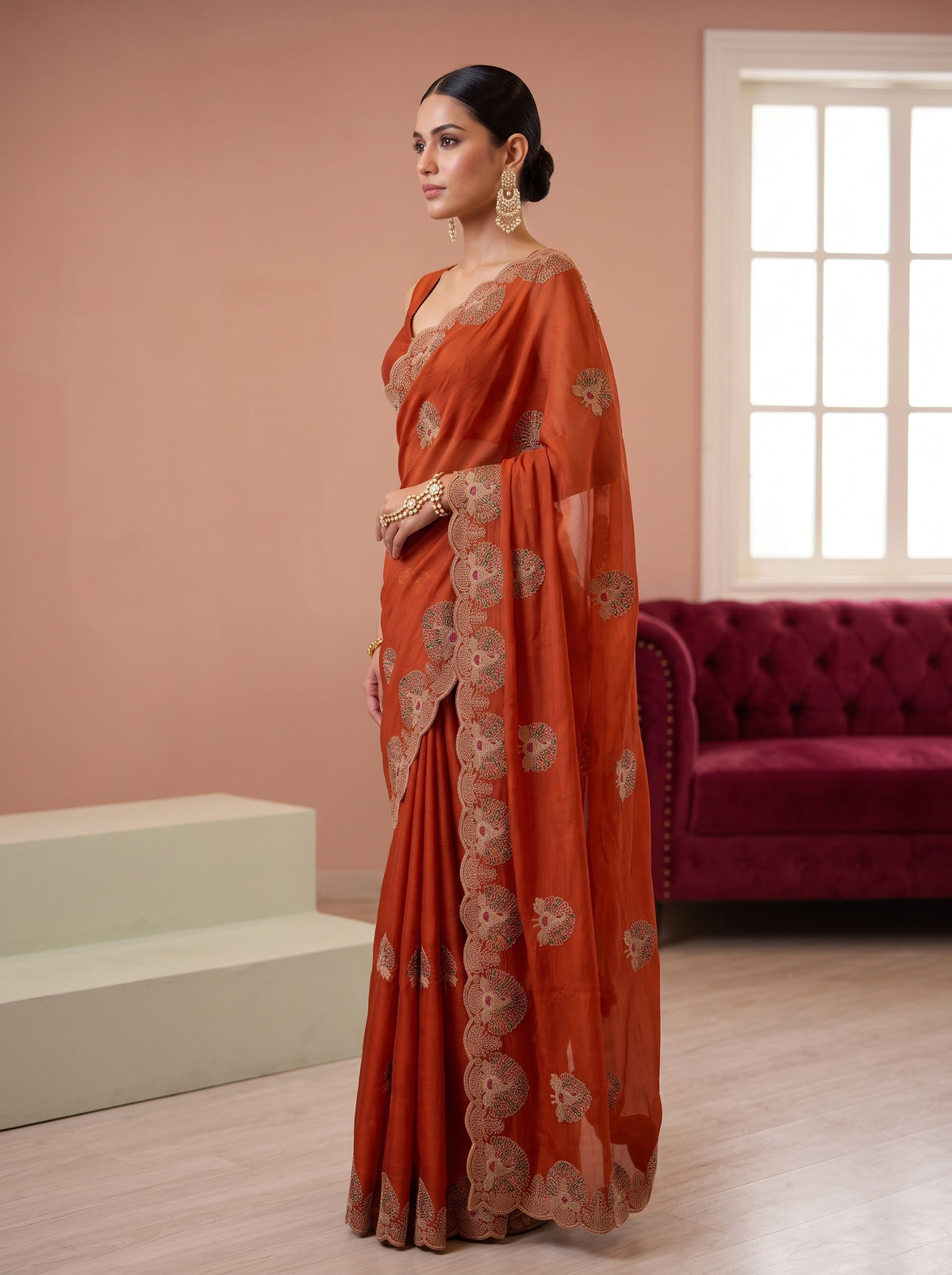 MIMOSA Orange Banarasi Saree — pose 3 styling detail