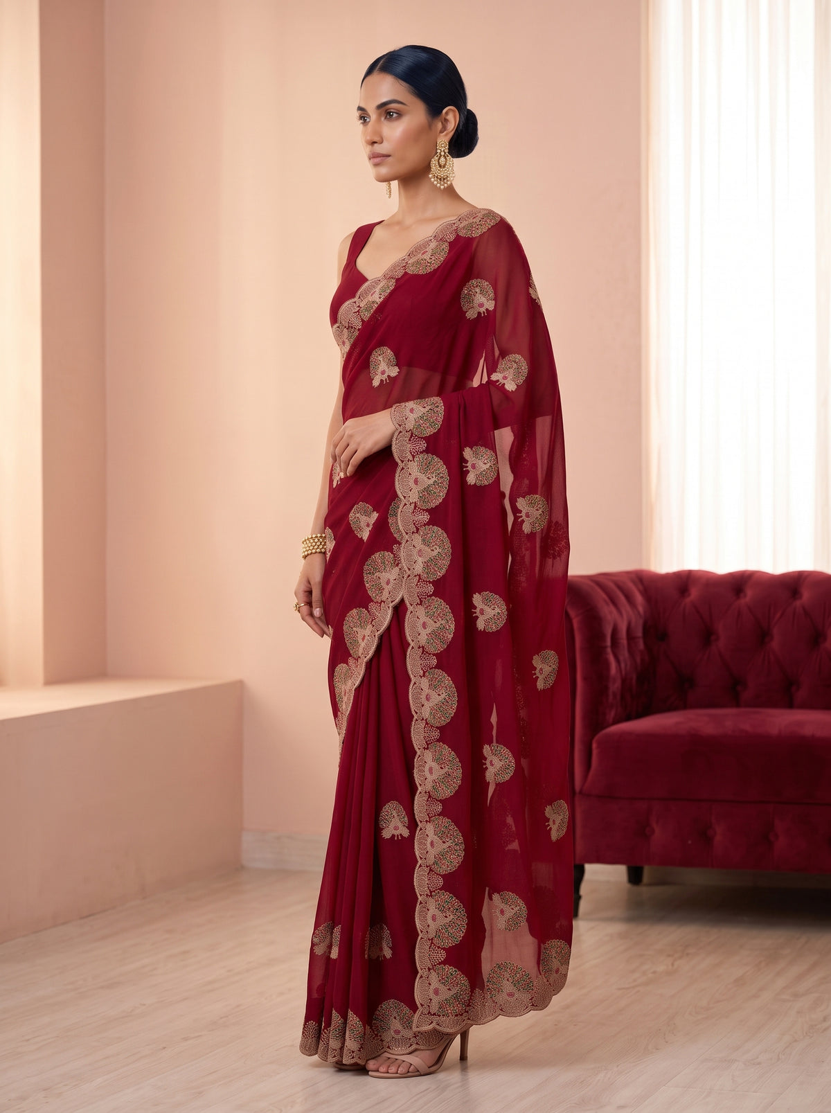 MIMOSA Red Banarasi Saree — pose 3 styling detail