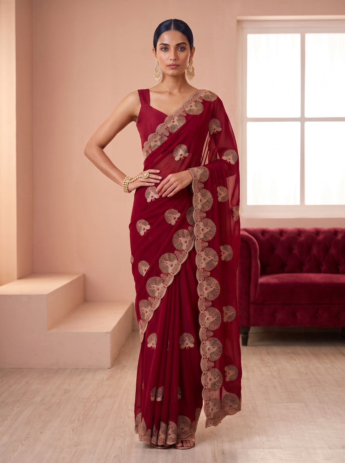 MIMOSA Red Banarasi Saree — pose 4 styling detail