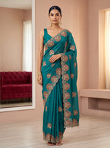 MIMOSA Sapphire Banarasi Chiffon Saree — AI model lifestyle pose