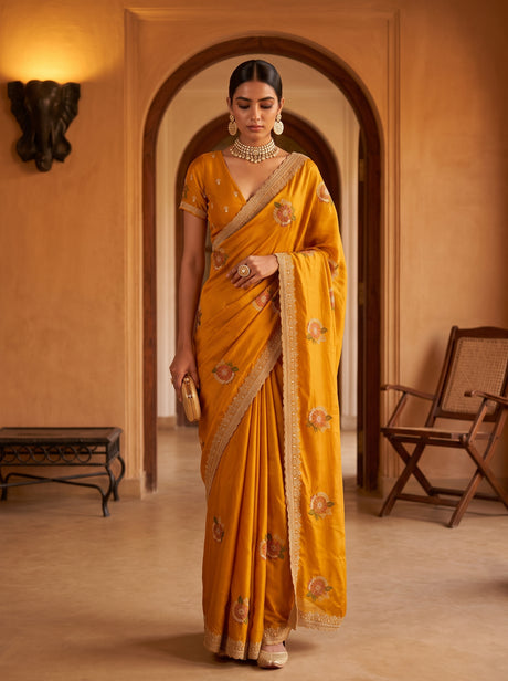 MIMOSA Gold Banarasi Chiffon Saree — AI Model lifestyle