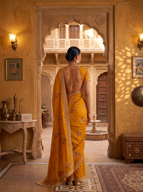 MIMOSA Gold Banarasi Chiffon Saree — saree shot