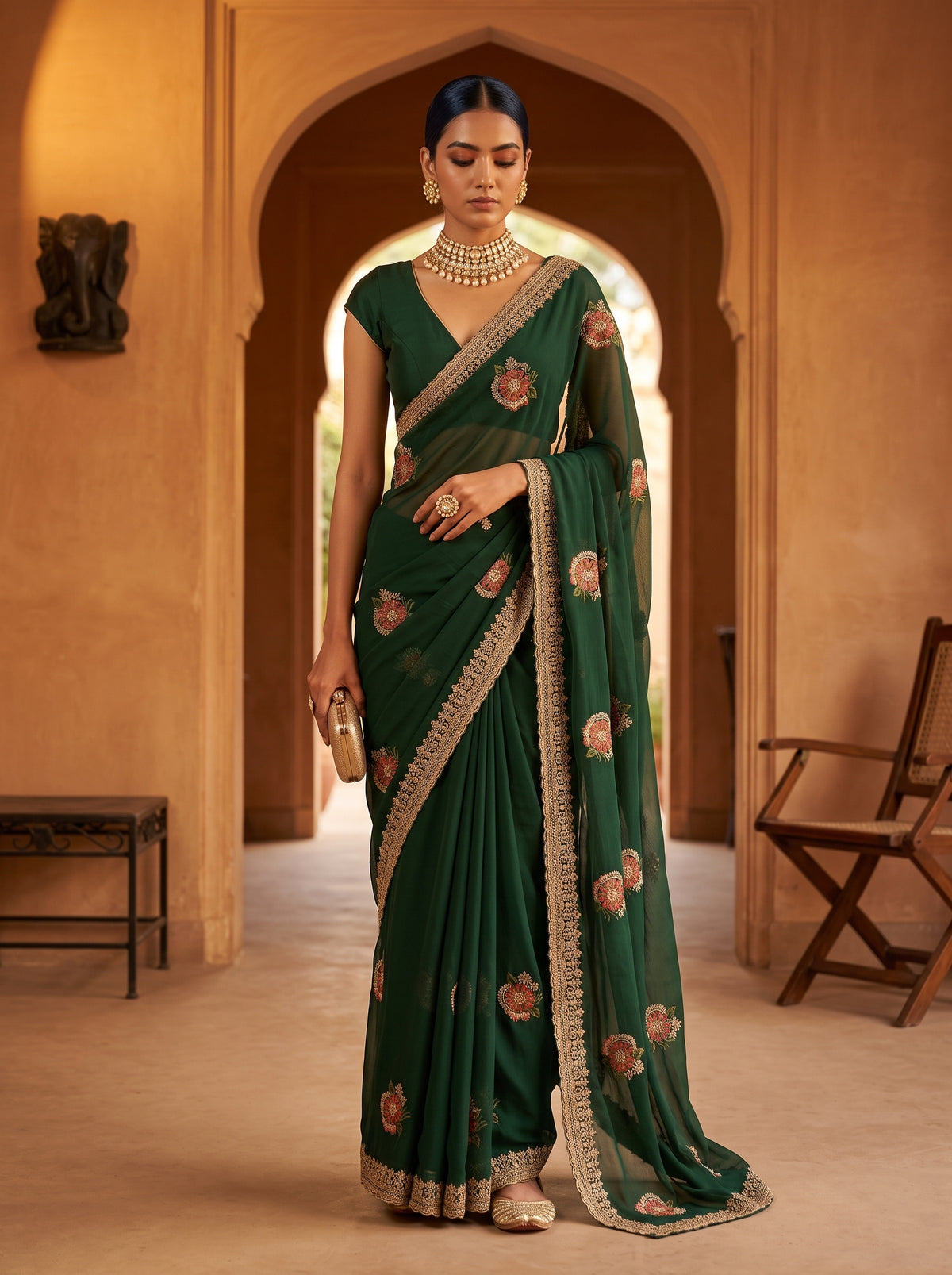 MIMOSA Green Banarasi Chiffon Saree — AI Model lifestyle