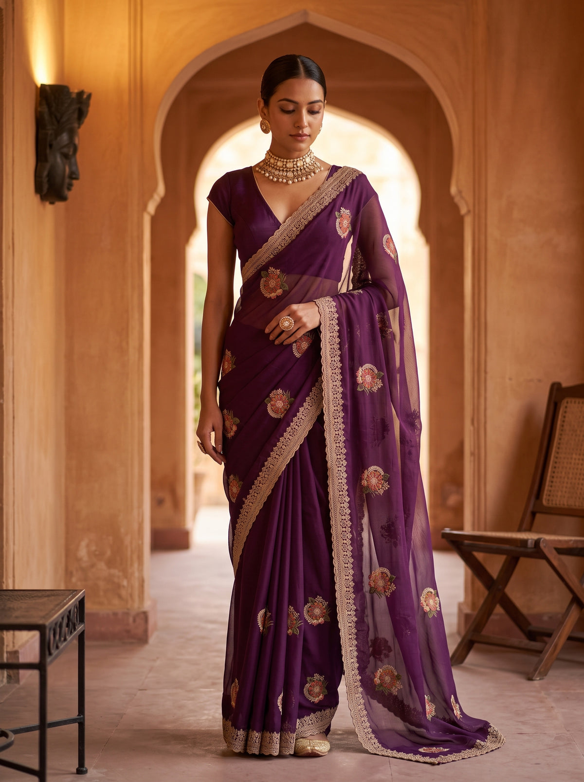 MIMOSA Magenta Banarasi Chiffon Saree — AI Model lifestyle