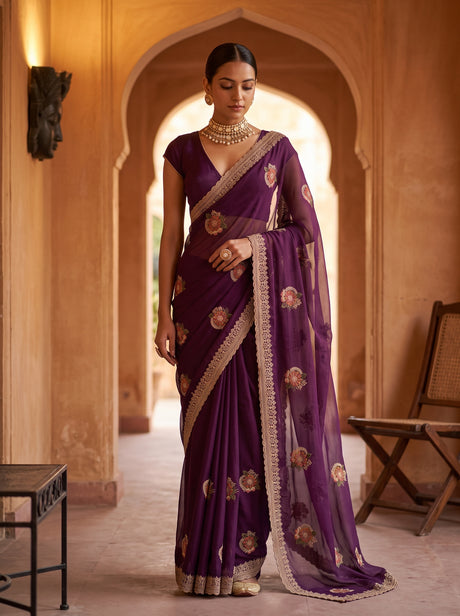 MIMOSA Magenta Banarasi Chiffon Saree — AI Model lifestyle