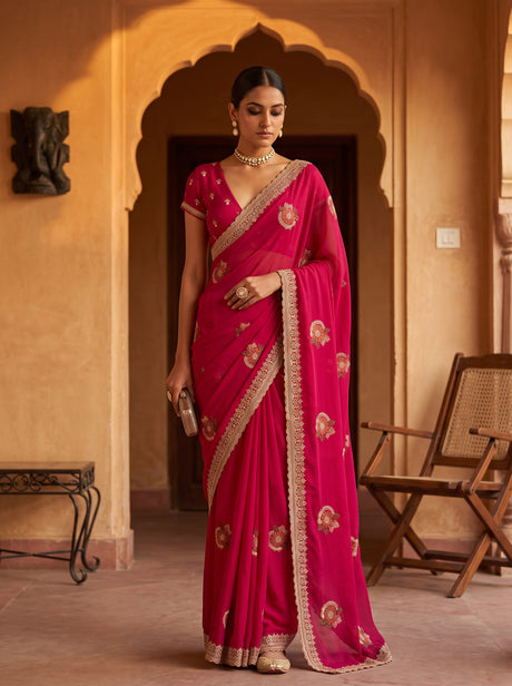 MIMOSA Rani Banarasi Chiffon Saree — AI Model lifestyle