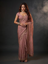 MIMOSA Peach Banarasi Saree — front view on mannequin