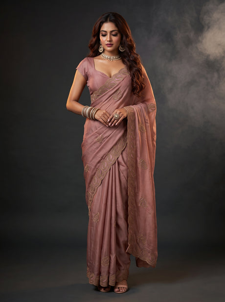MIMOSA Peach Banarasi Saree — front view on mannequin