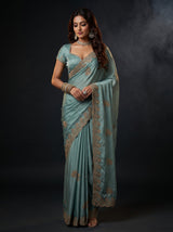 MIMOSA Rama Banarasi Saree — front view on mannequin