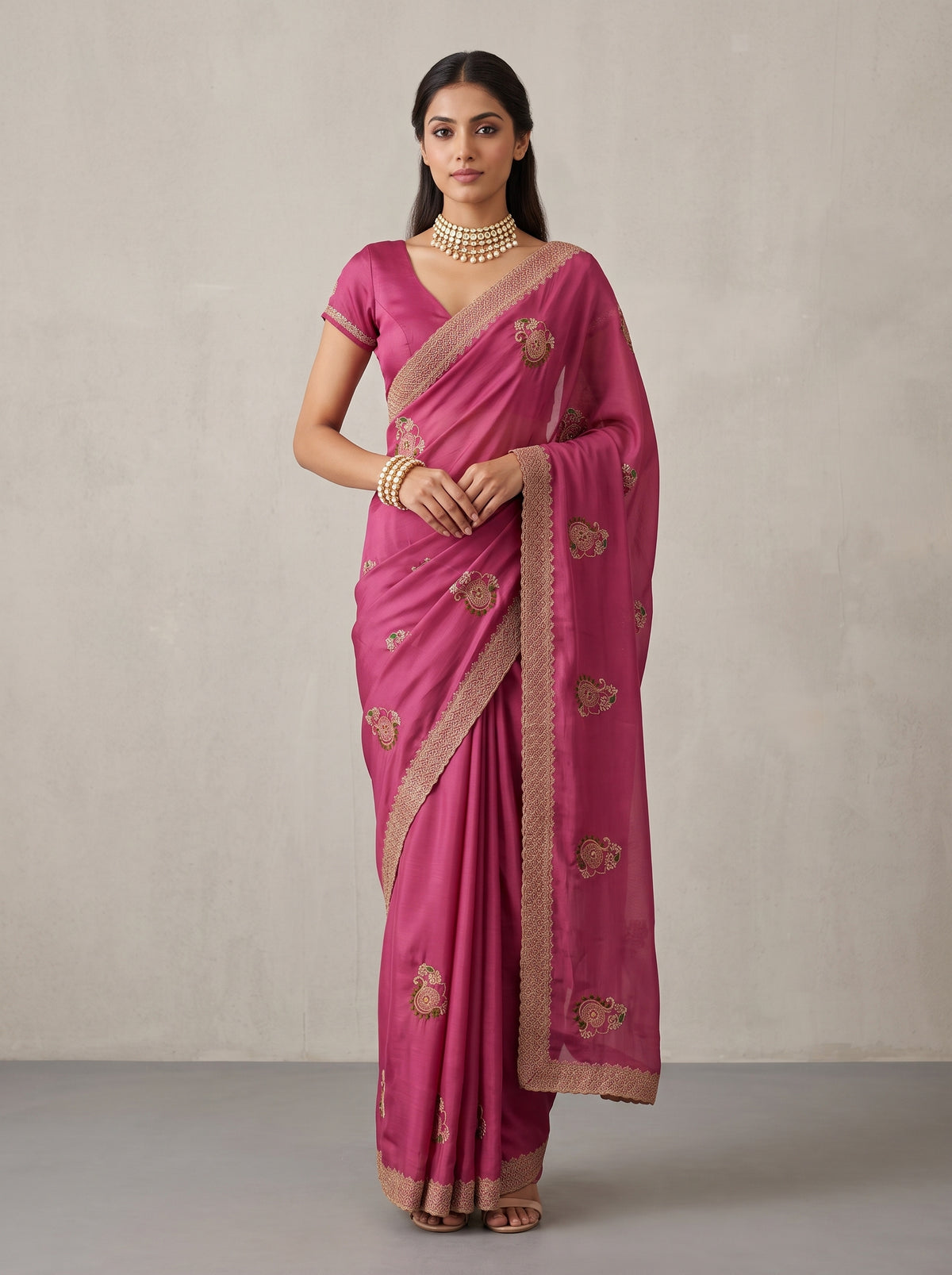 MIMOSA Gajari Banarasi Saree — front view on mannequin