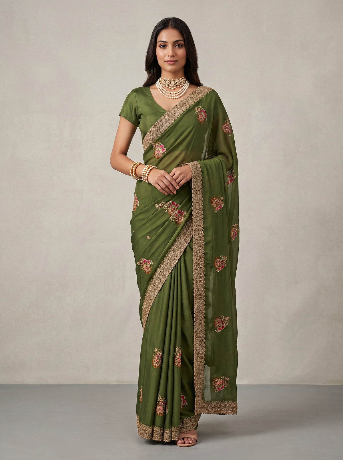 MIMOSA Olive Banarasi Saree — front view on mannequin