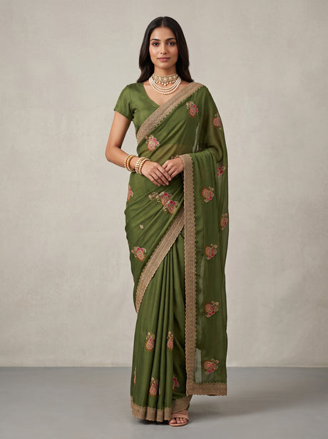 MIMOSA Olive Banarasi Saree — front view on mannequin